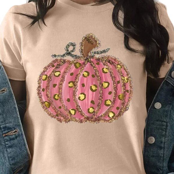 Womens Pumpkin Round Neck Short Sleeve T-Shirt Womens Fall Clothing - Picture 1 of 3